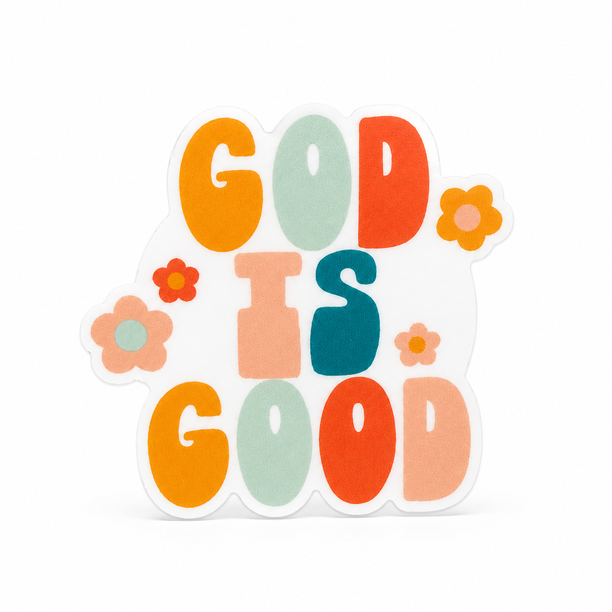 GOD IS GOOD plastic add-on with pastel lettering and flower accents, compatible with interchangeable badge reel bases.