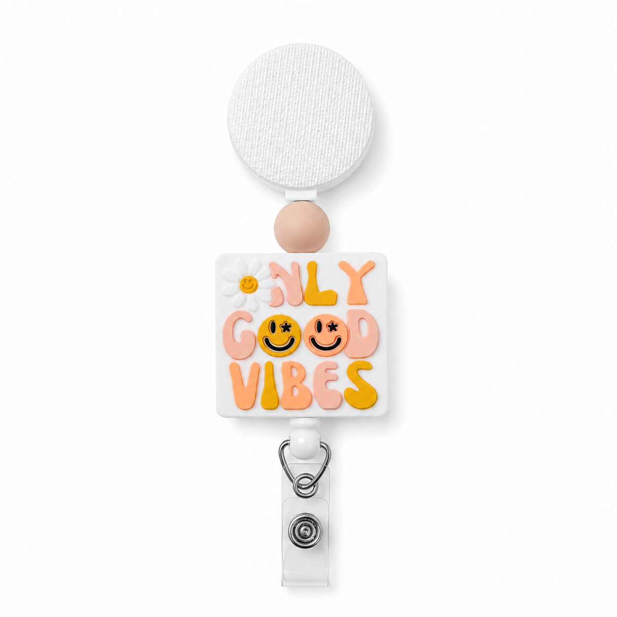 Good Vibes Only interchangeable beaded badge reel featuring a retro smiley design with neutral silicone bead accent.