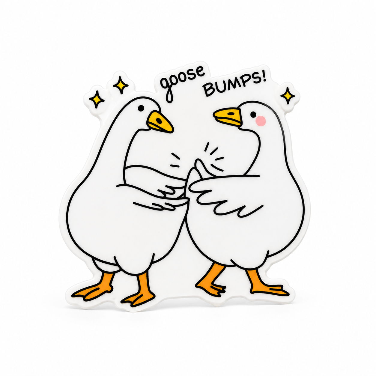 Goose BUMPS plastic add-on featuring two cute geese high-fiving, compatible with interchangeable badge reel bases and perfect for goose lovers