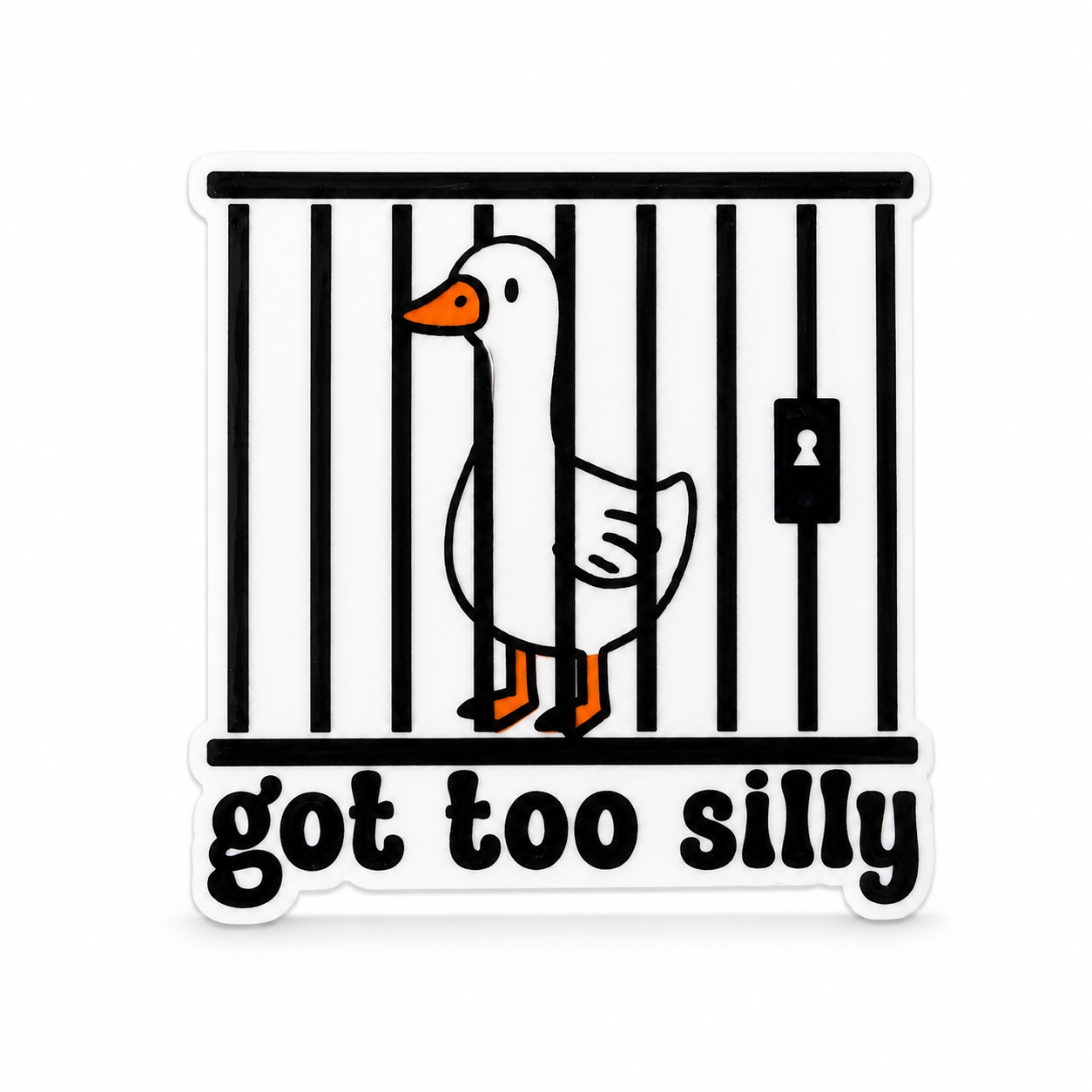 Plastic add-on featuring a goose behind jail bars with the phrase "got too silly," compatible with interchangeable badge reel bases, funny goose lover accessory and cute animal badge topper.