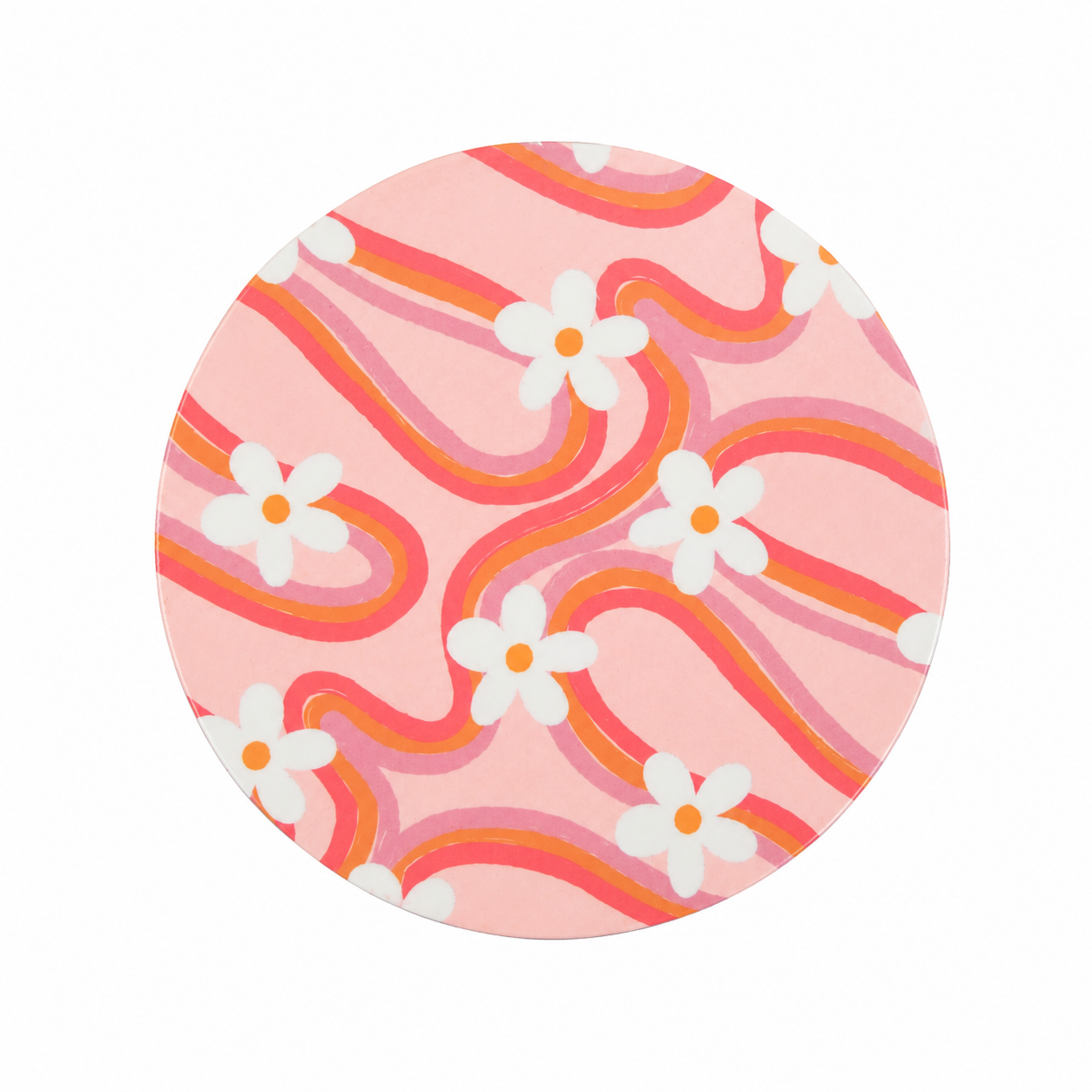 Groovy Retro Flower hard board add-on featuring pink and orange retro waves with white daisy flowers, compatible with interchangeable badge reel bases.