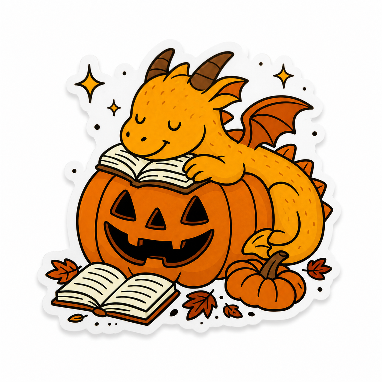 Reading Dragon plastic add-on featuring a cute dragon reading on a jack-o'-lantern with books and pumpkins, compatible with interchangeable badge reel bases.