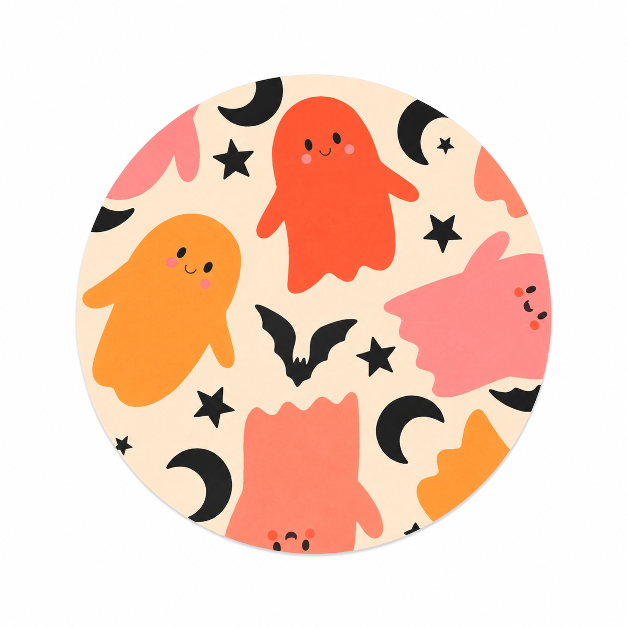 Cute Halloween Ghosts hard board add-on featuring pastel ghosts, bats, crescent moons, and stars, compatible with interchangeable badge reel bases.
