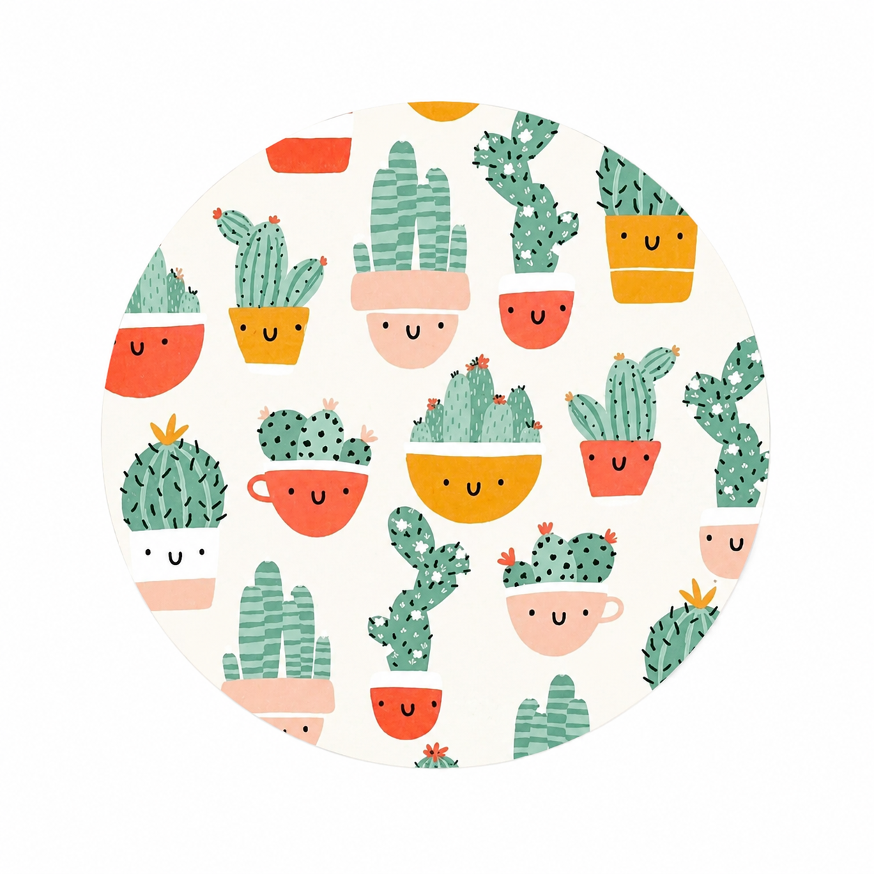 Cute Happy Cactus hard board add-on featuring smiling cacti and succulents in colorful pots, compatible with interchangeable badge reel bases.