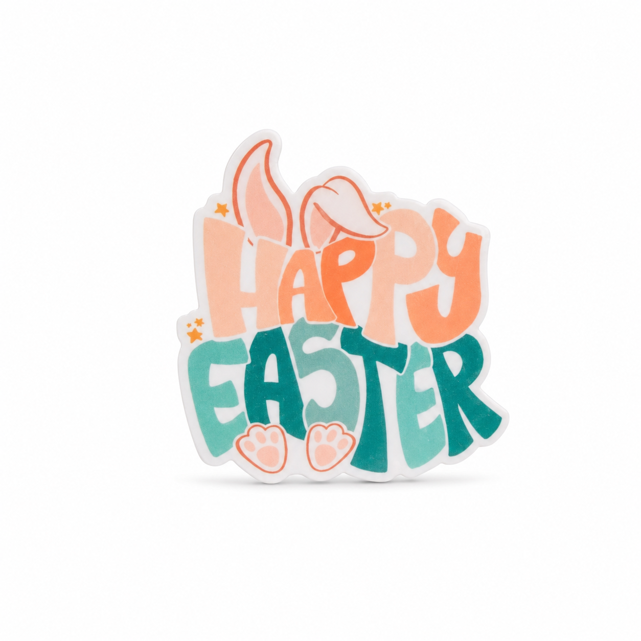 HAPPY EASTER plastic add-on with coral bunny ears, paws, teal lettering, and stars, compatible with interchangeable badge reel bases