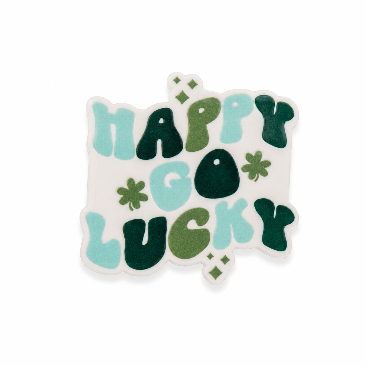 Happy Go Lucky plastic add-on with green retro lettering and shamrock accents, compatible with interchangeable badge reel bases for St. Patrick's Day.