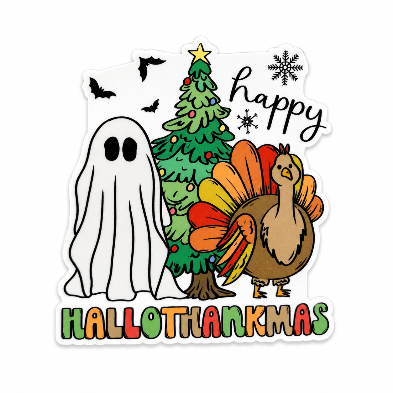 Happy HALLOTHANKMAS plastic add-on featuring a ghost, Christmas tree, turkey, bats, and snowflakes, compatible with interchangeable badge reel bases and perfect for holiday lovers.