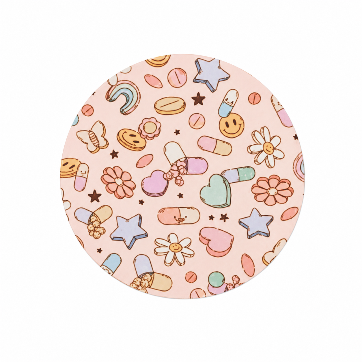 Pastel medical doodles hard board add-on featuring bandages, pills, flowers, stars, rainbows, and smiley icons, compatible with interchangeable badge reel bases.