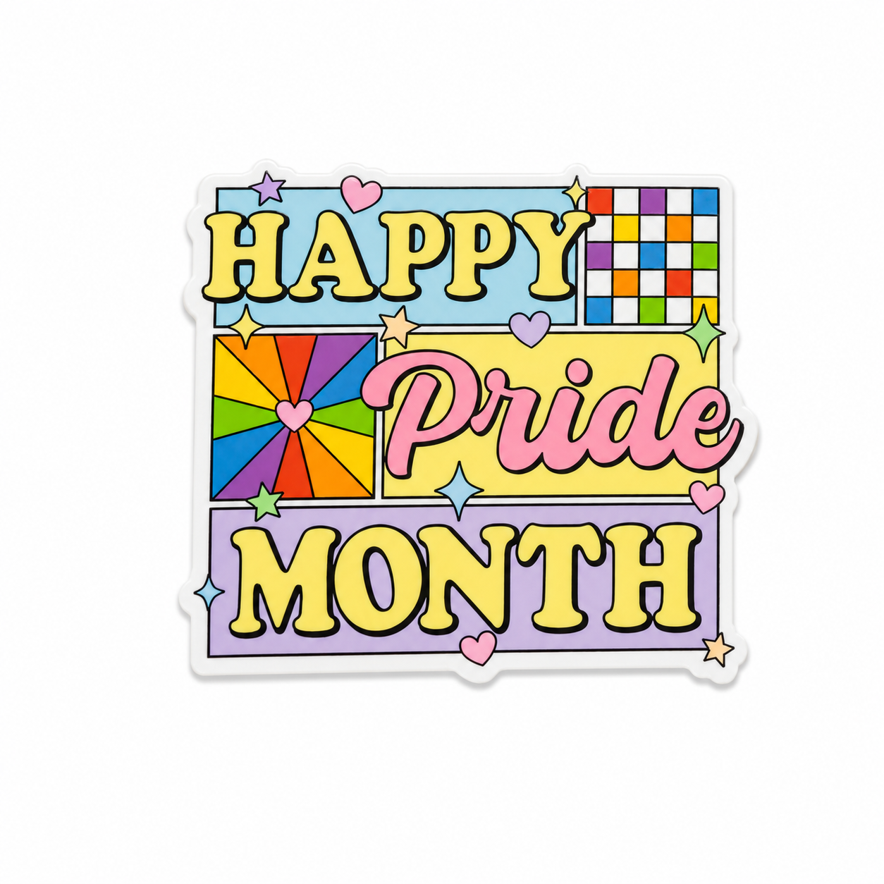 HAPPY Pride MONTH plastic add-on with colorful rainbow-inspired artwork, hearts, and geometric designs, compatible with interchangeable badge reel bases, LGBTQ pride accessory