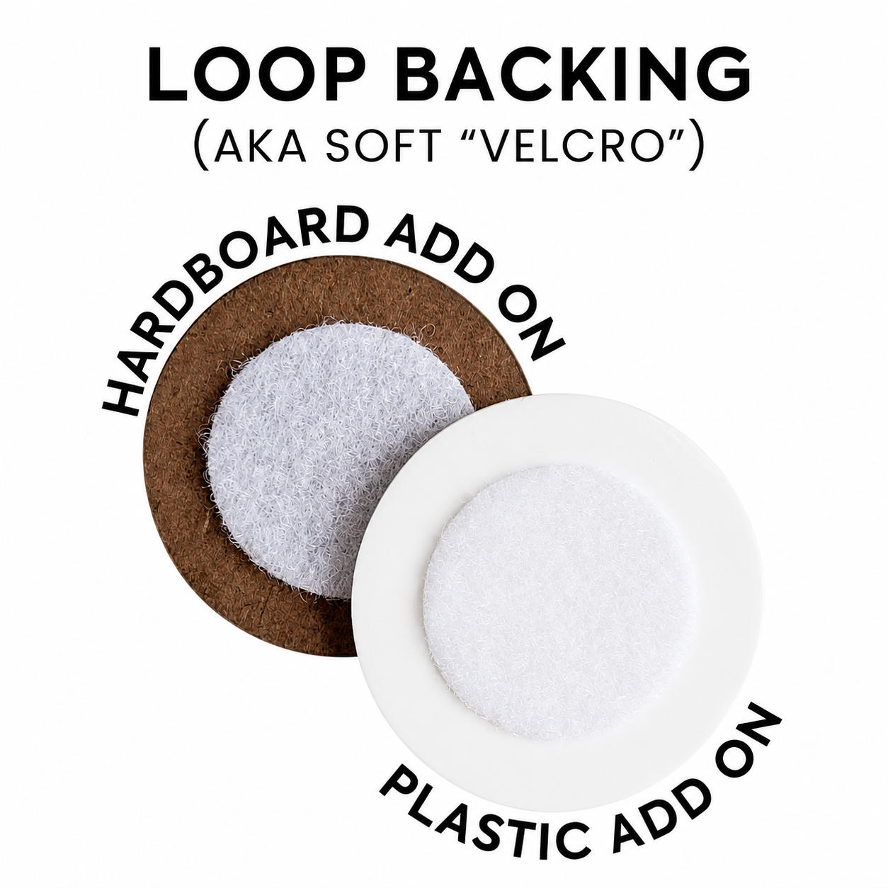 Loop backing soft Velcro comparison for hardboard and plastic interchangeable badge reel add-ons.