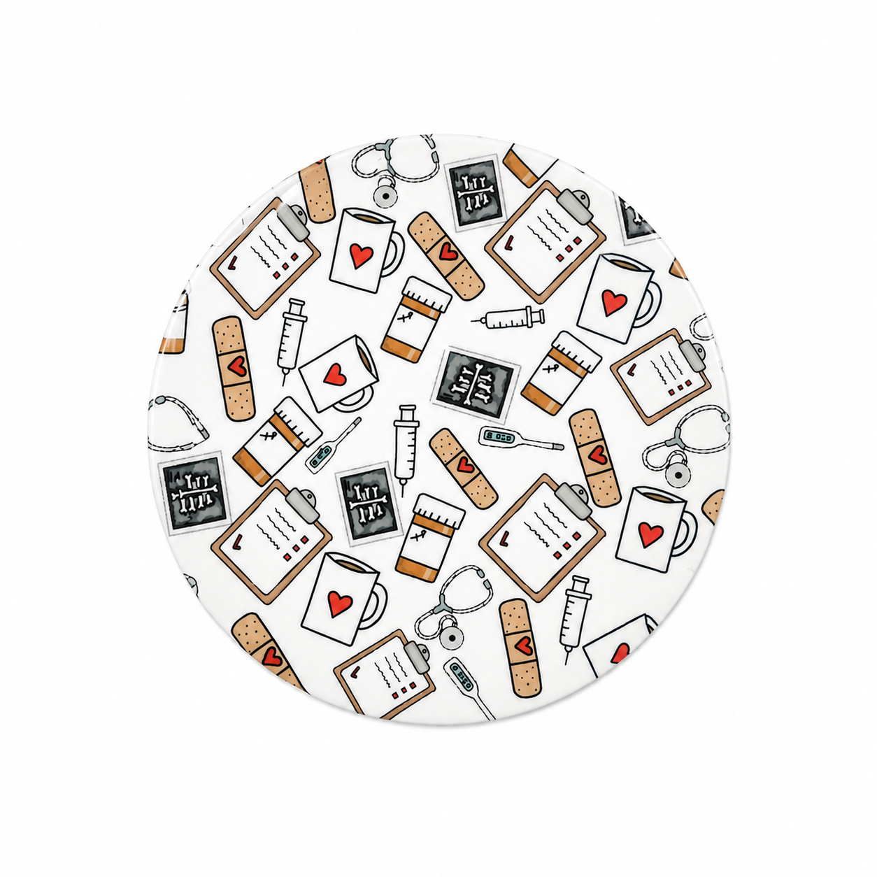 Hard board add-on featuring stethoscopes, syringes, bandages, medicine bottles, clipboards, X-rays, and heart mugs, compatible with interchangeable badge reel bases.