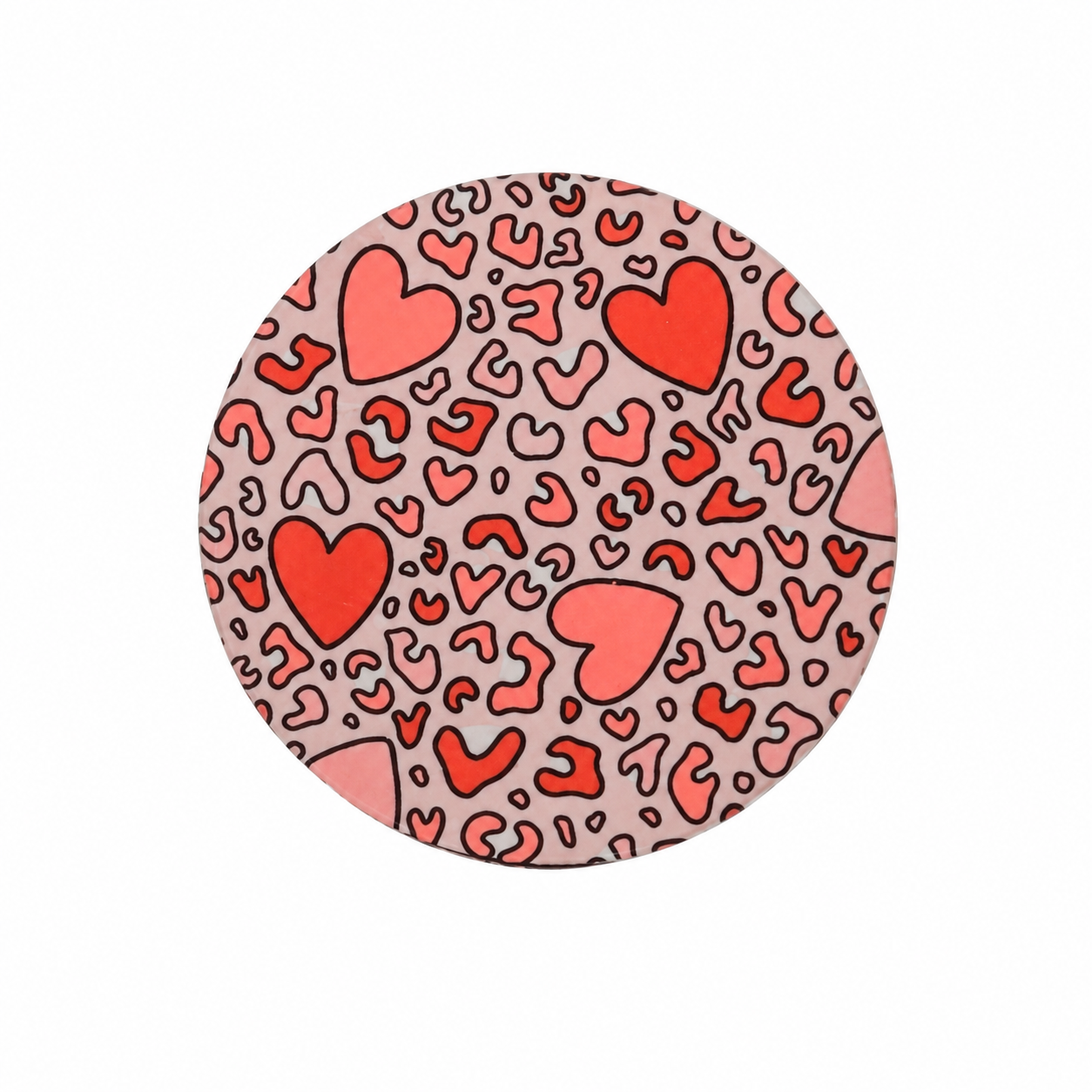 Hard board add-on featuring a pink and red heart-shaped leopard print pattern, compatible with interchangeable badge reel bases.