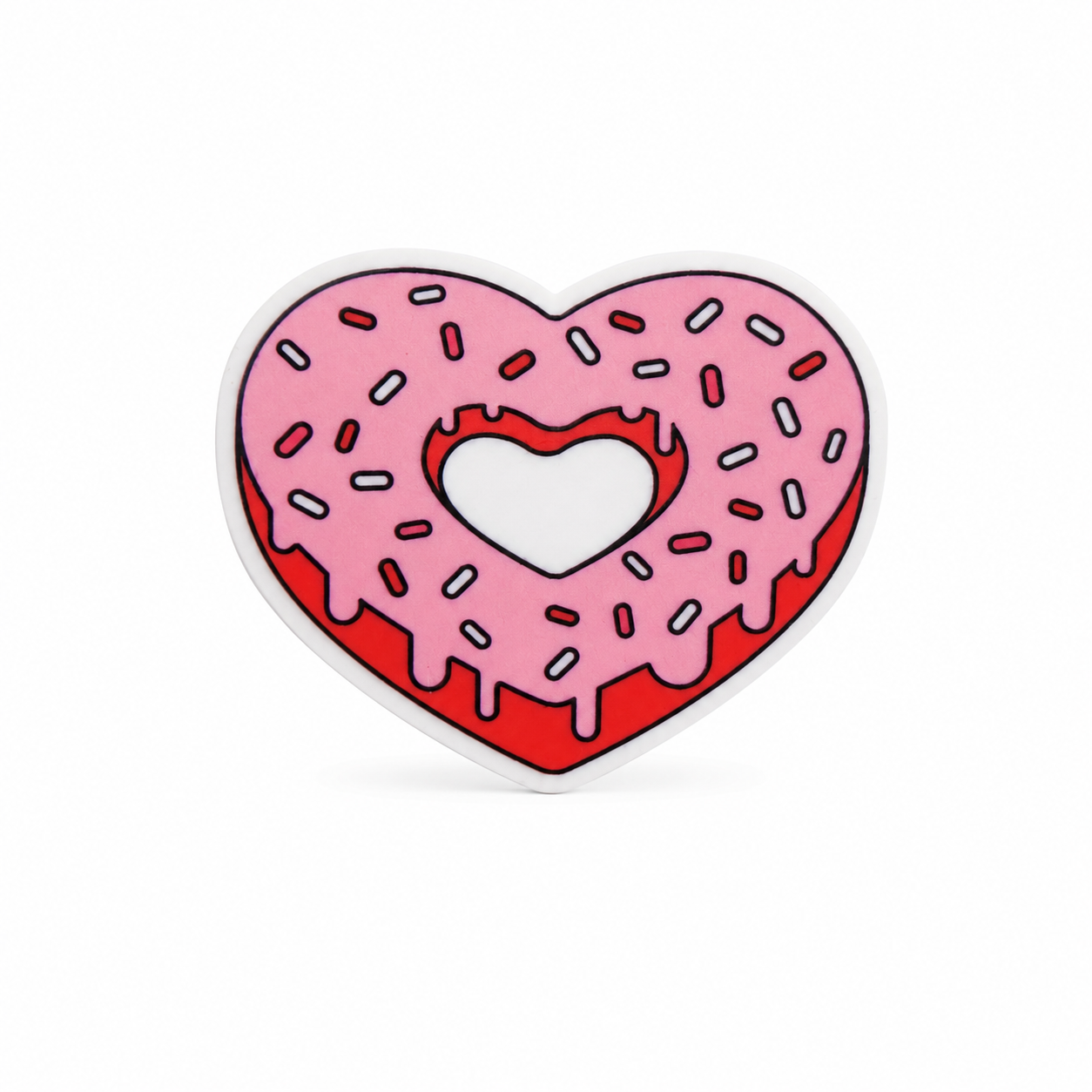 Heart donut plastic add-on with frosting and sprinkles, compatible with interchangeable badge reel bases for a cute donut lover gift