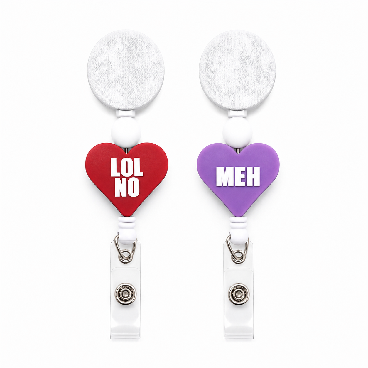 Funny conversation heart badge reel with red "LOL NO" and purple "MEH" designs, white accent beads, and white retractable badge reels for work.