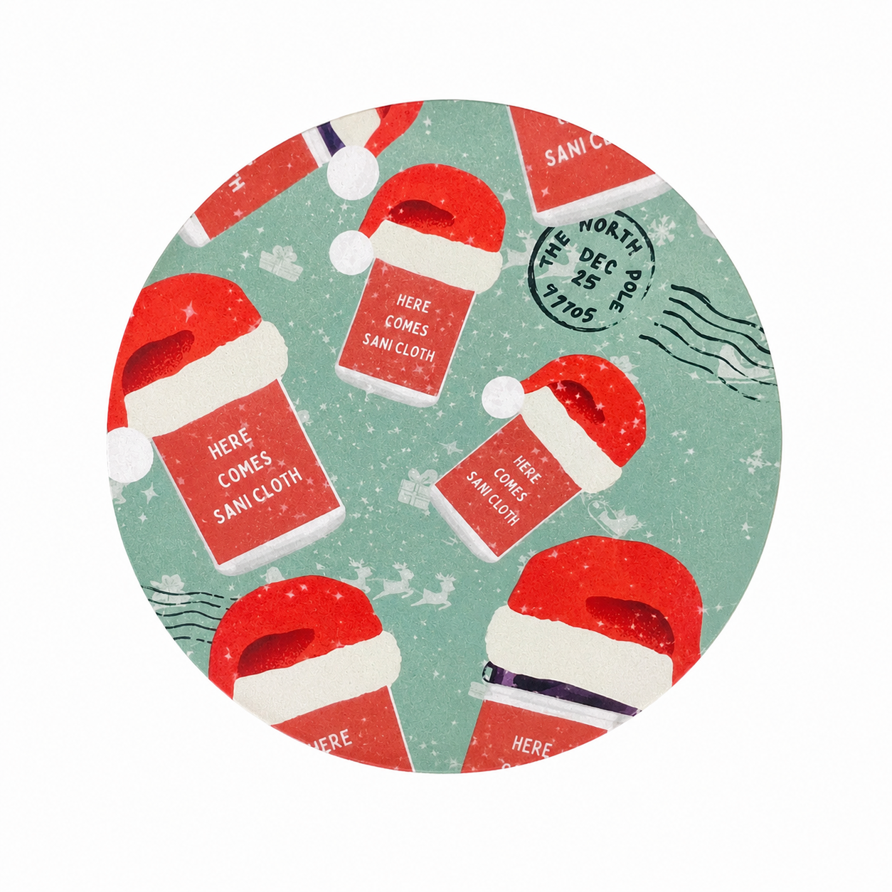 Here Comes Sani Cloth Christmas hard board add-on with sanitizing wipe containers in Santa hats, compatible with interchangeable badge reel bases for nurses.