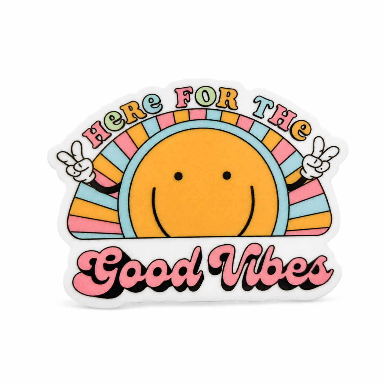 Here for the Good Vibes plastic add-on with a retro smiley face, peace signs, and colorful stripes, compatible with interchangeable badge reel bases