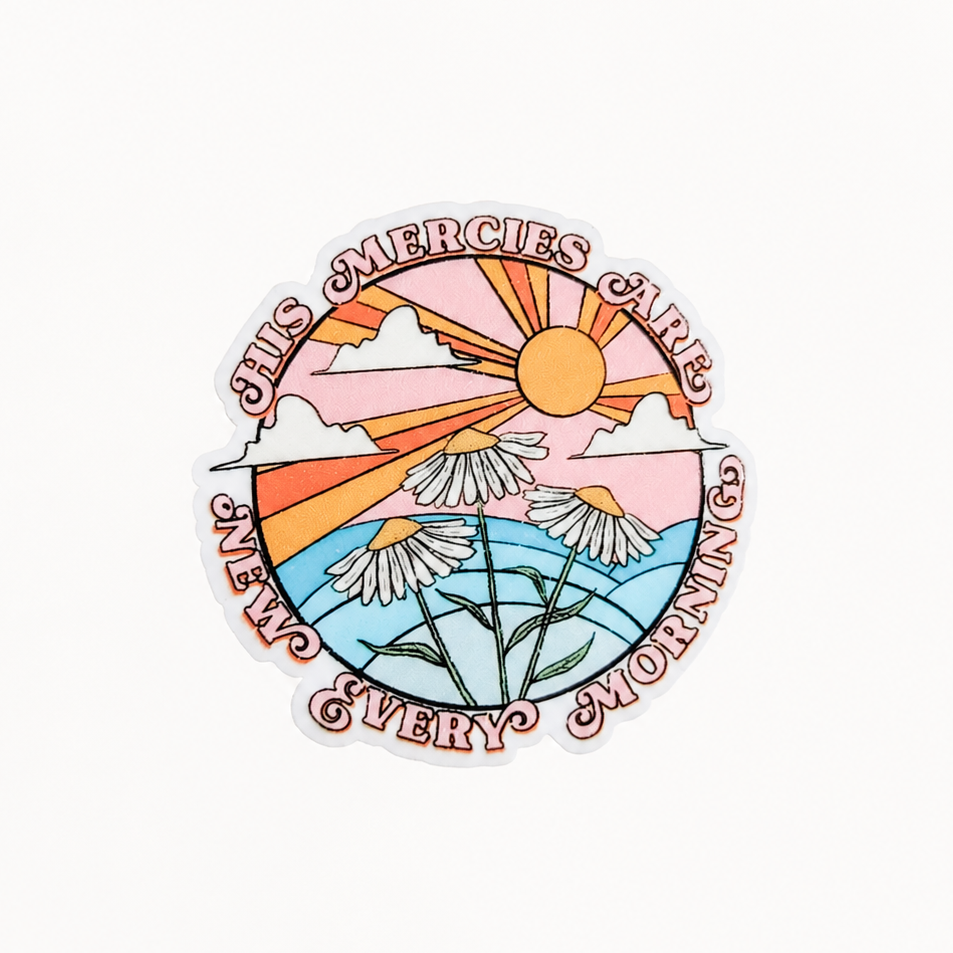 His Mercies Are New Every Morning plastic add-on with sunrise, mountains, and daisies, Christian accessory compatible with interchangeable badge reel bases.