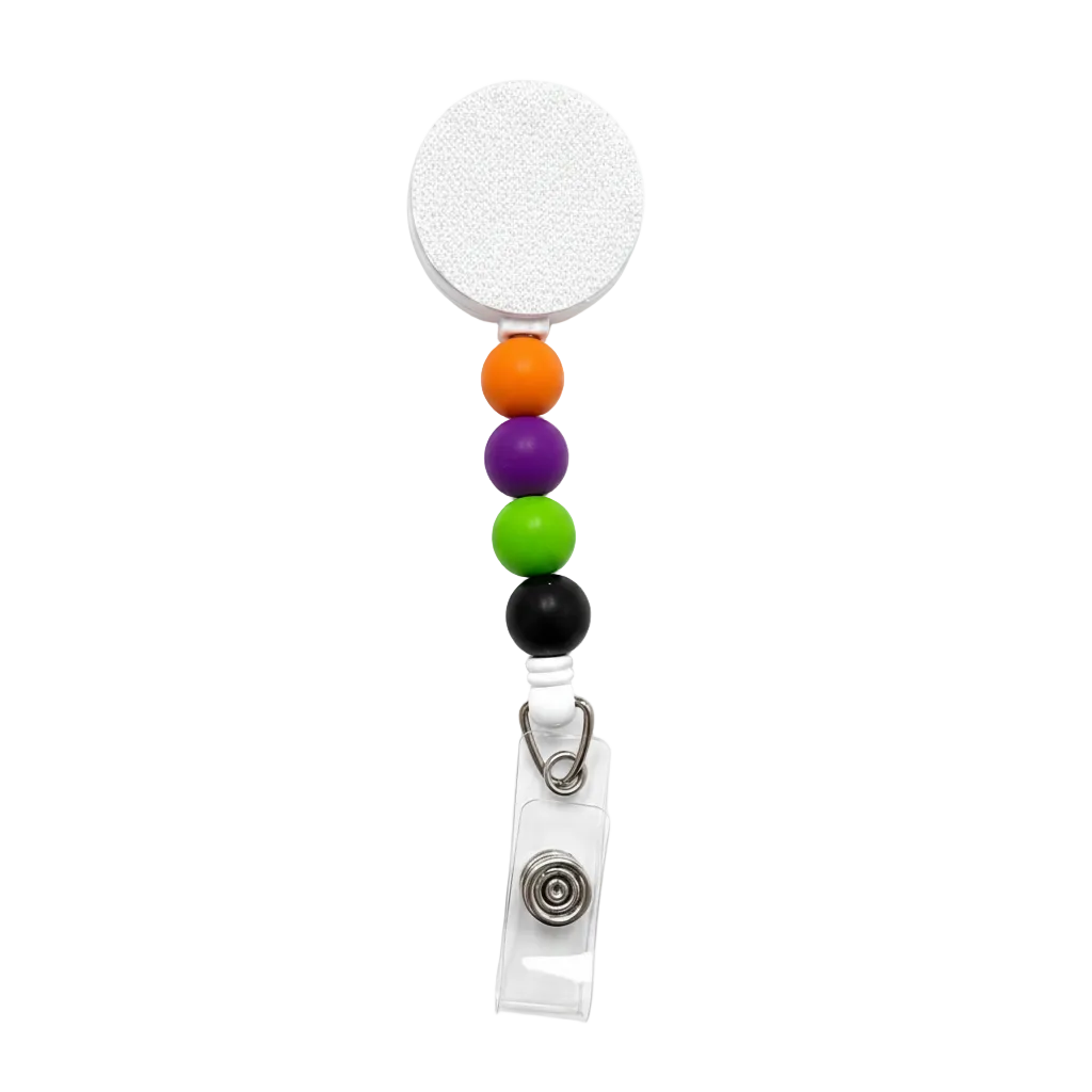 Halloween Color Pop badge reel featuring orange, purple, lime green, and black decorative beads with a retractable badge reel and secure badge holder attachment.