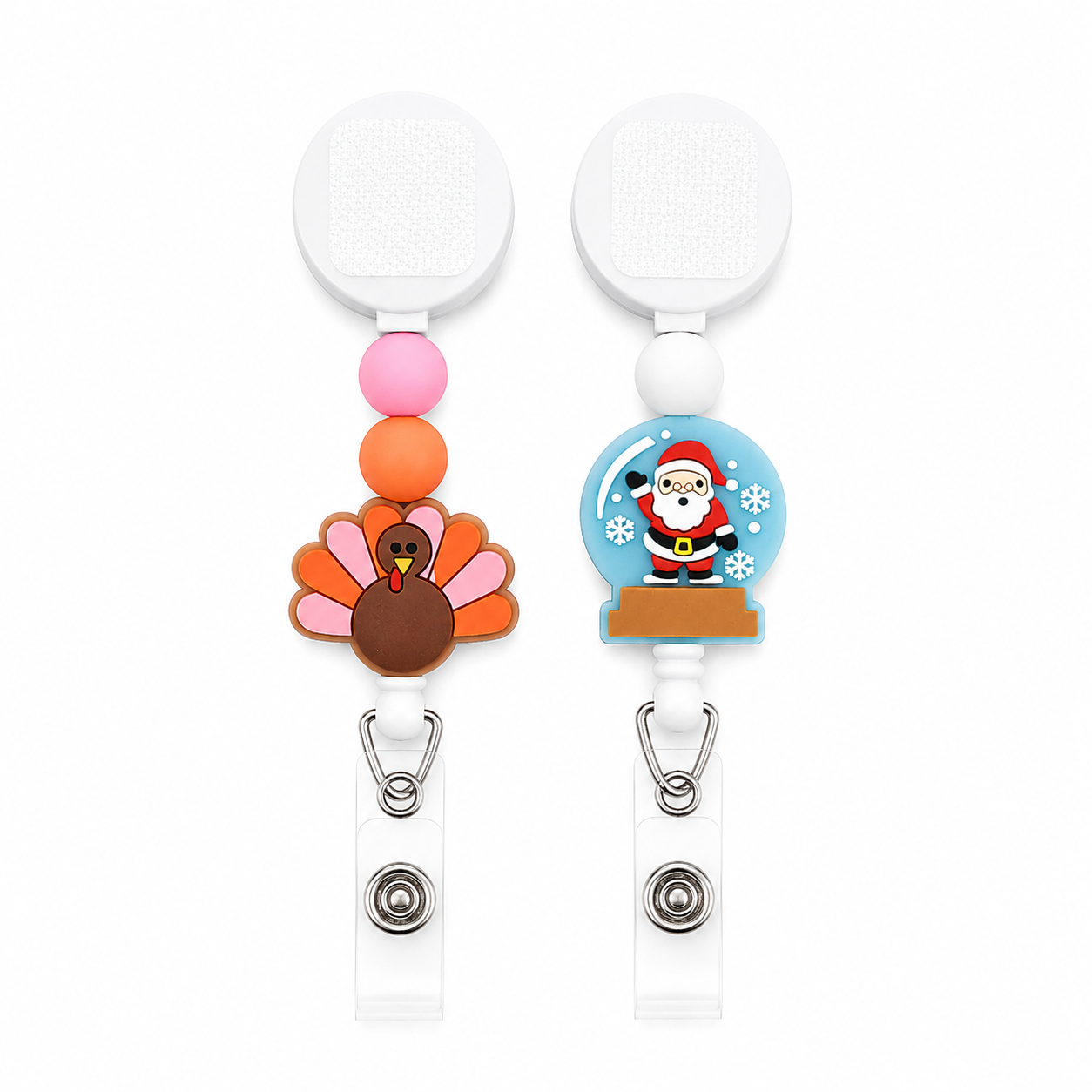 Holiday interchangeable badge reel available in Thanksgiving turkey and Christmas Santa designs with colorful silicone beads and retractable badge holder.