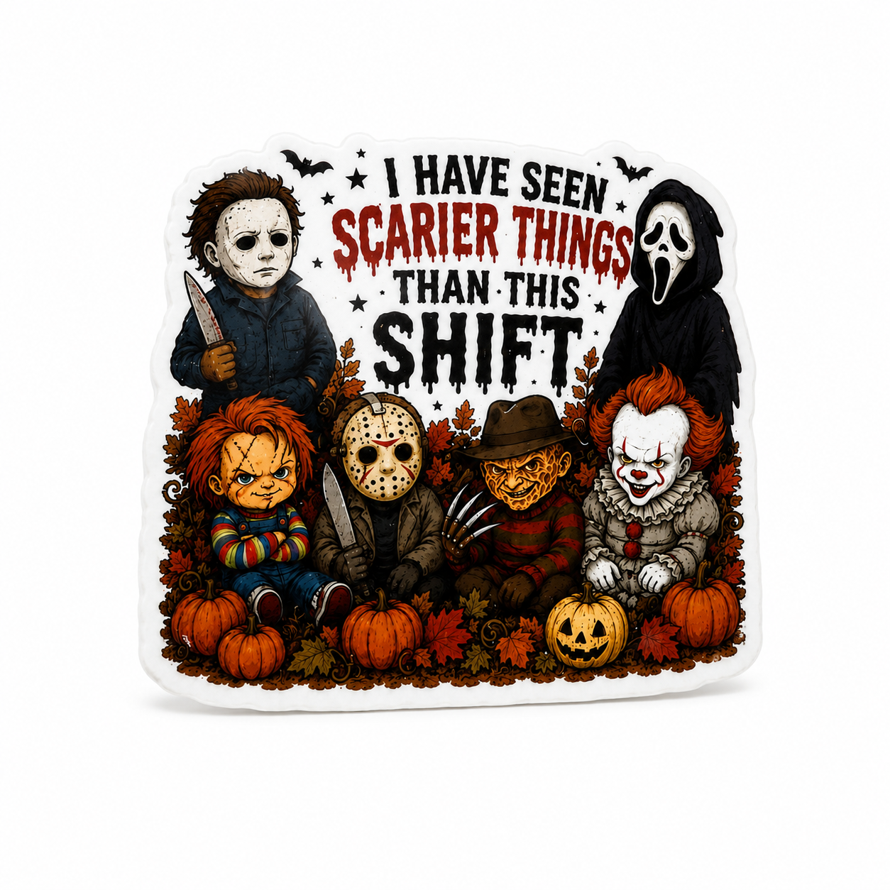 I HAVE SEEN SCARIER THINGS THAN THIS SHIT plastic add-on with horror characters, pumpkins, bats, and fall leaves, compatible with interchangeable badge reel bases.