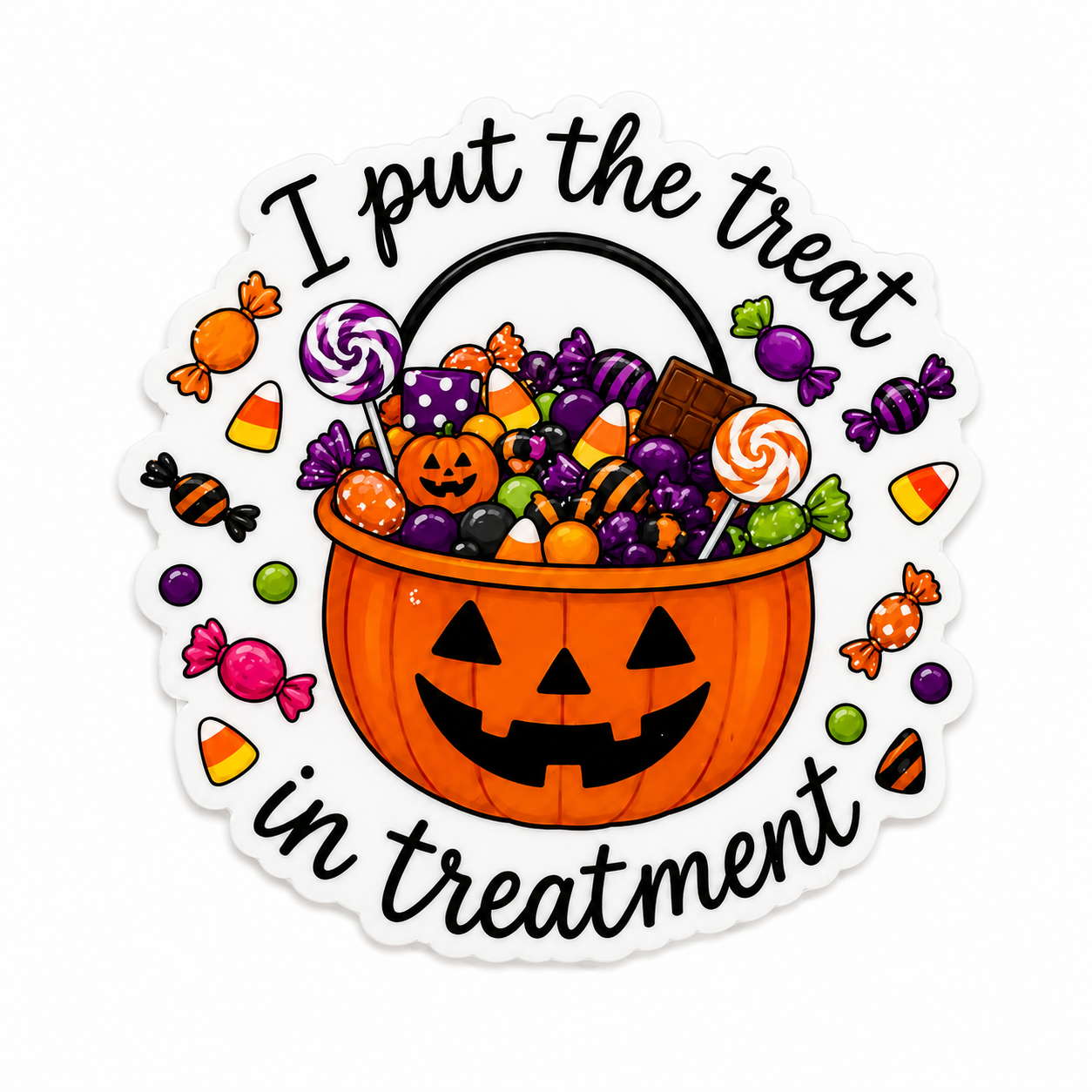 I put the treat in treatment plastic add-on with pumpkin candy bucket, compatible with interchangeable badge reel bases for therapy accessory gifts.