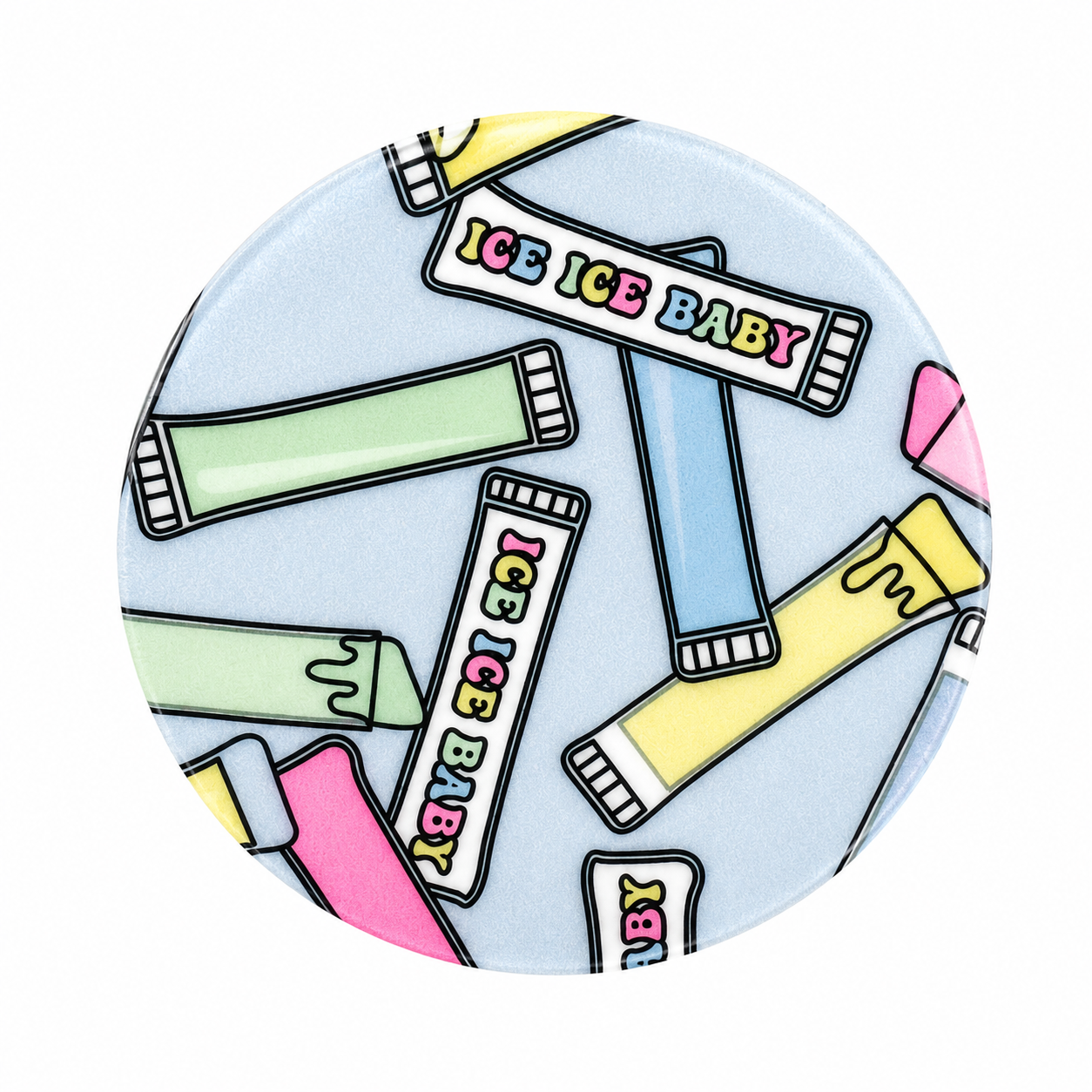 Ice Ice Baby hard board add-on featuring colorful pastel ice pops, compatible with interchangeable badge reel bases for labor and delivery and mother baby nurses.