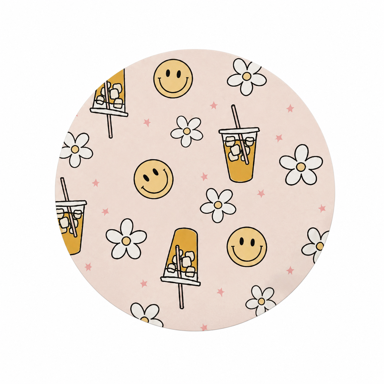 Iced Coffee and Daisies hard board add-on featuring iced coffee cups, smiley faces, white daisies, and tiny pink stars on a blush background, compatible with interchangeable badge reel bases.