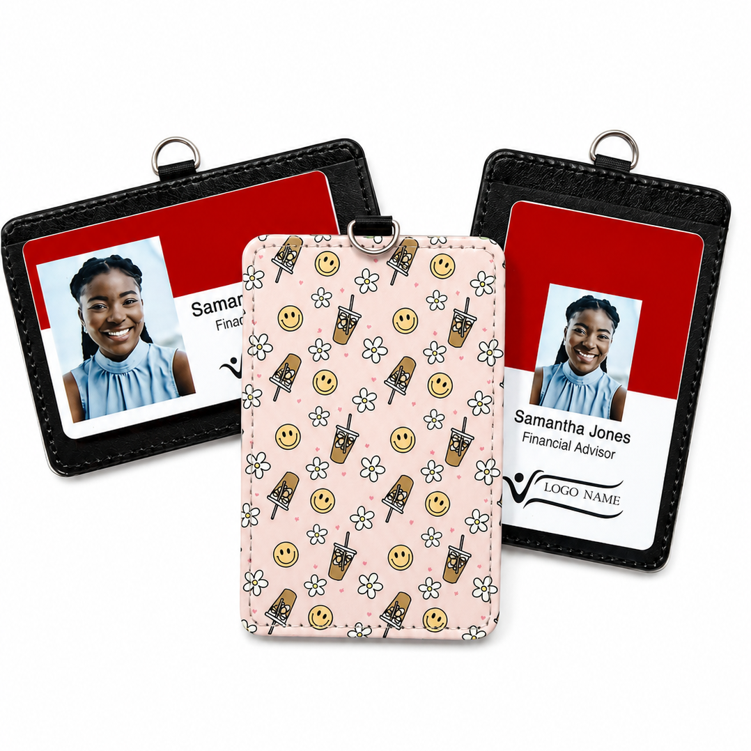 Iced Coffee & Daisies PU leather ID badge holder featuring iced coffee cups, white daisies, smiley faces, and a soft pink background for everyday work.