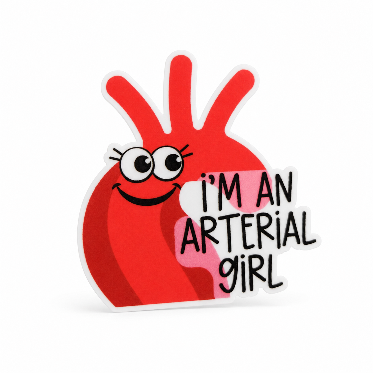 I'M AN ARTERIAL girl plastic add-on with smiling red artery design, compatible with interchangeable badge reel bases for a cardiovascular nurse accessory.