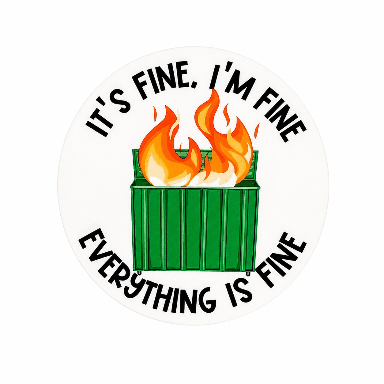 IT'S FINE, I'M FINE EVERYTHING IS FINE plastic add-on with dumpster fire design, compatible with interchangeable badge reel bases.