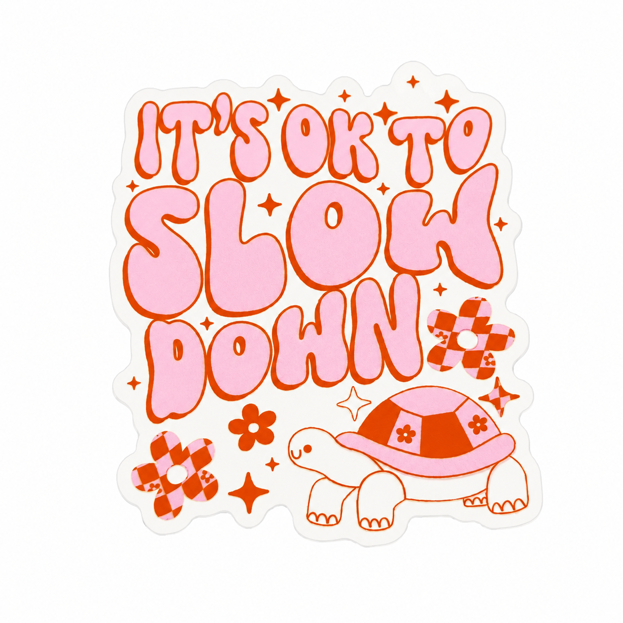 IT’S OK TO SLOW DOWN plastic add-on with cute turtle and retro pink orange design, compatible with interchangeable badge reel bases.