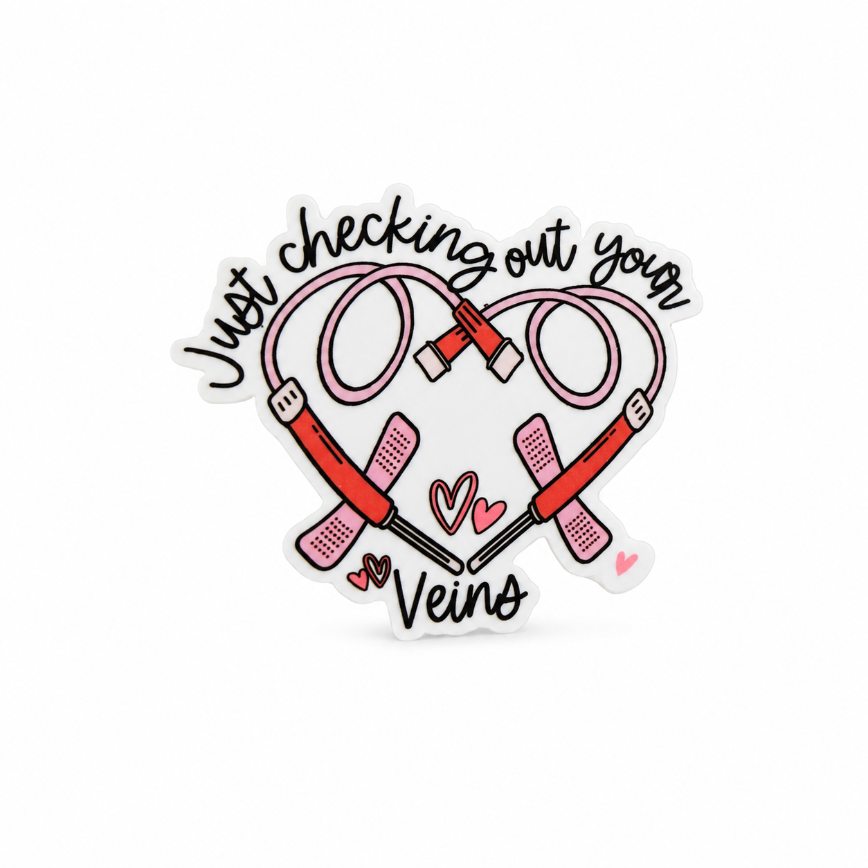 Just checking out your Veins phlebotomist accessory plastic add-on with pink syringes, bandages, hearts, and medical details, compatible with interchangeable badge reel bases.