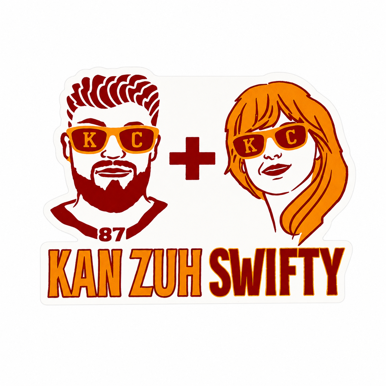 KAN ZUH SWIFTY plastic add-on with red and gold fan artwork, KC sunglasses, stars, and 87 detail, compatible with interchangeable badge reel bases.