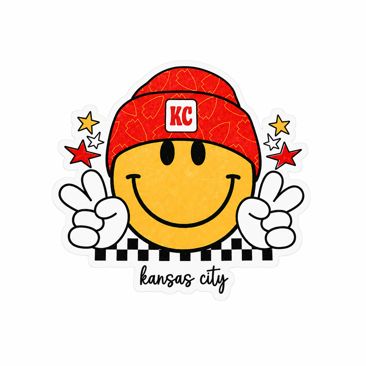 Kansas city plastic add-on with smiley face, red cap, peace signs, stars, and checkerboard detail, compatible with interchangeable badge reel bases.