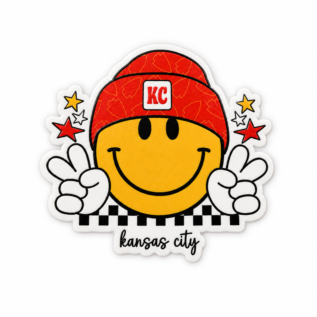 Kansas city plastic add-on with smiley face, red cap, peace signs, stars, and checkerboard detail, compatible with interchangeable badge reel bases.