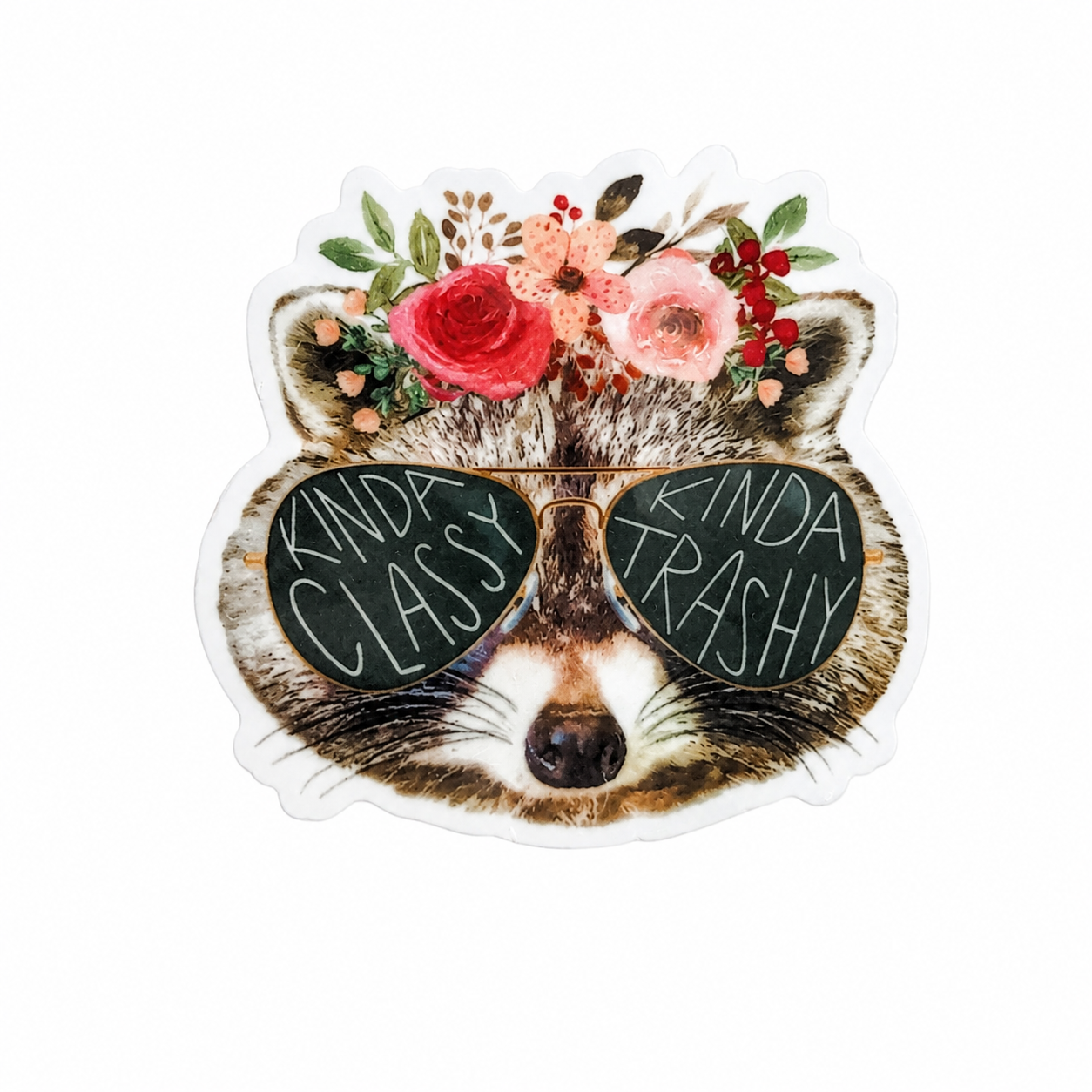 KINDA CLASSY KINDA TRASHY plastic add-on featuring a raccoon wearing sunglasses with floral accents, compatible with interchangeable badge reel bases.