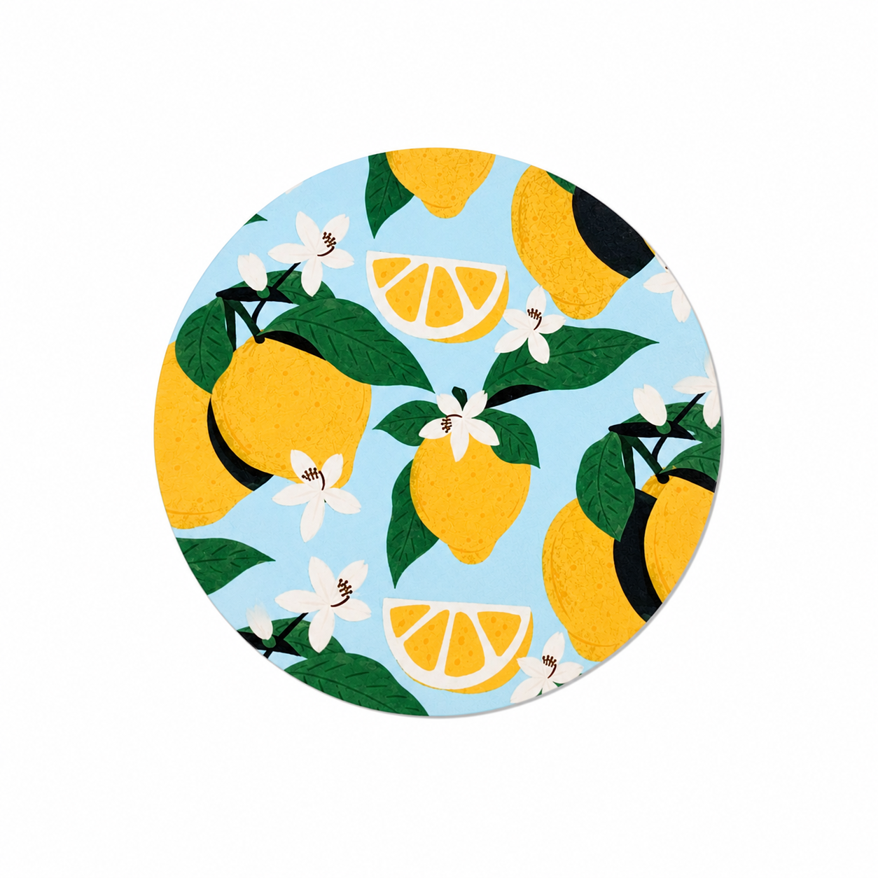 Lemon blossom hard board add-on featuring yellow lemons, citrus slices, white flowers, and green leaves on blue, compatible with interchangeable badge reel bases.