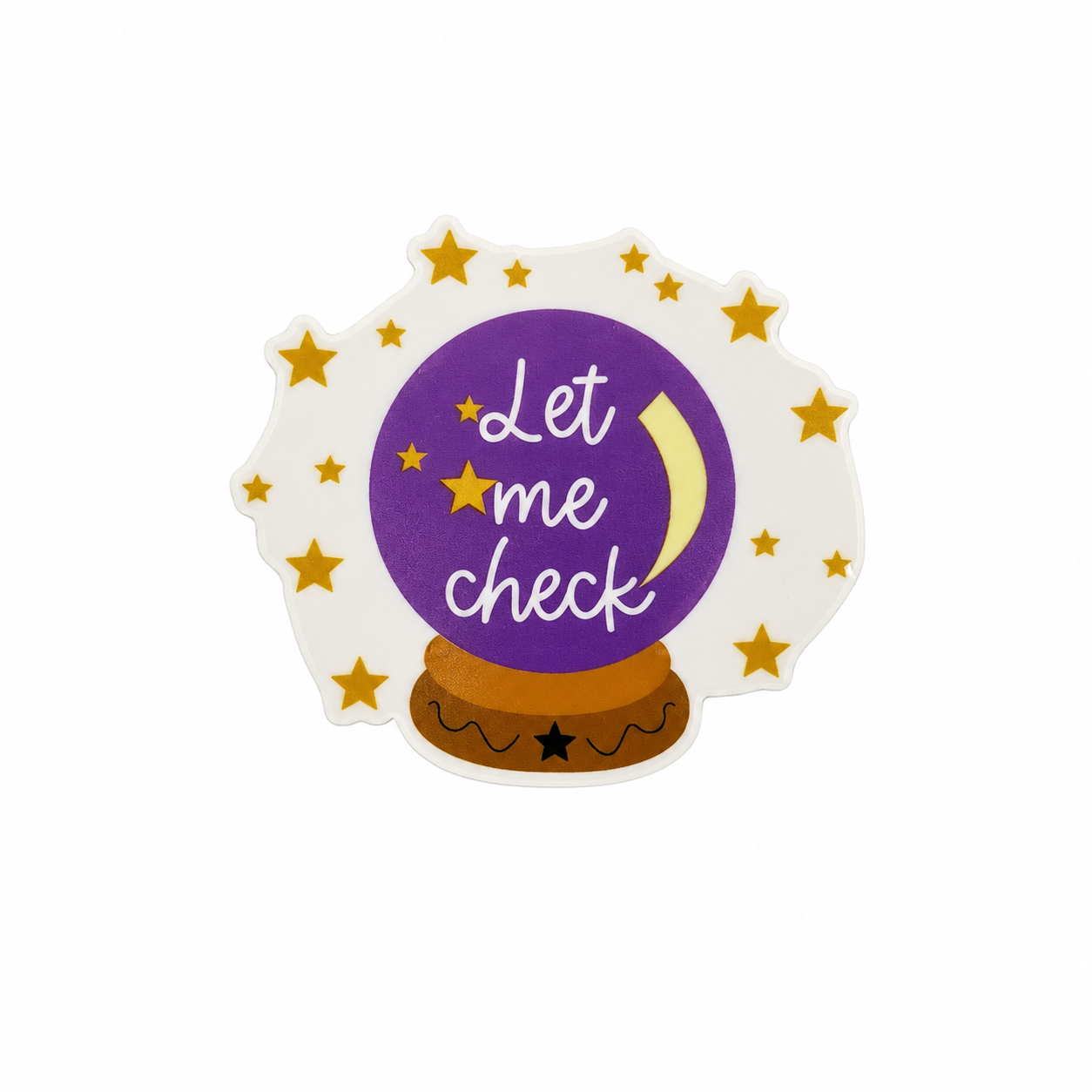 Let me check plastic add-on with purple crystal ball, moon, and gold stars, compatible with interchangeable badge reel bases for a funny crystal ball accessory.
