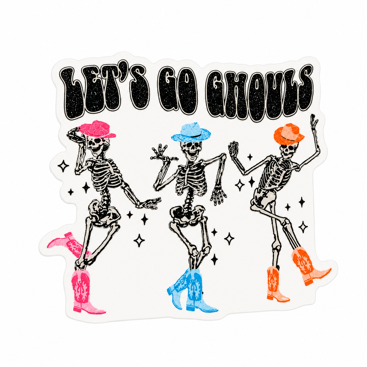 LET’S GO GHOULS plastic add-on with spooky western skeletons in colorful hats and boots, compatible with interchangeable badge reel bases.