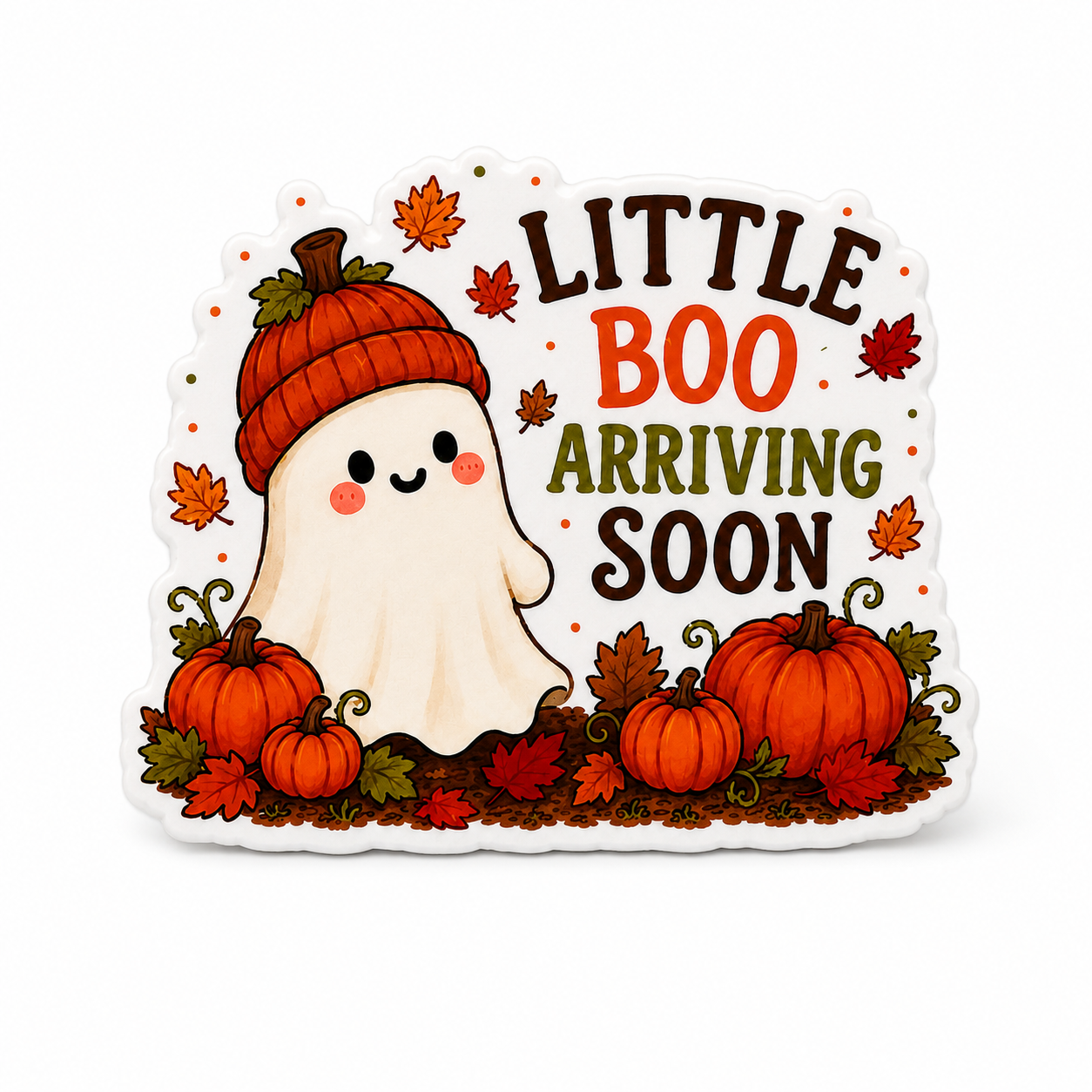 LITTLE BOO ARRIVING SOON plastic add-on with cute ghost, pumpkins, and fall leaves, compatible with interchangeable badge reel bases.