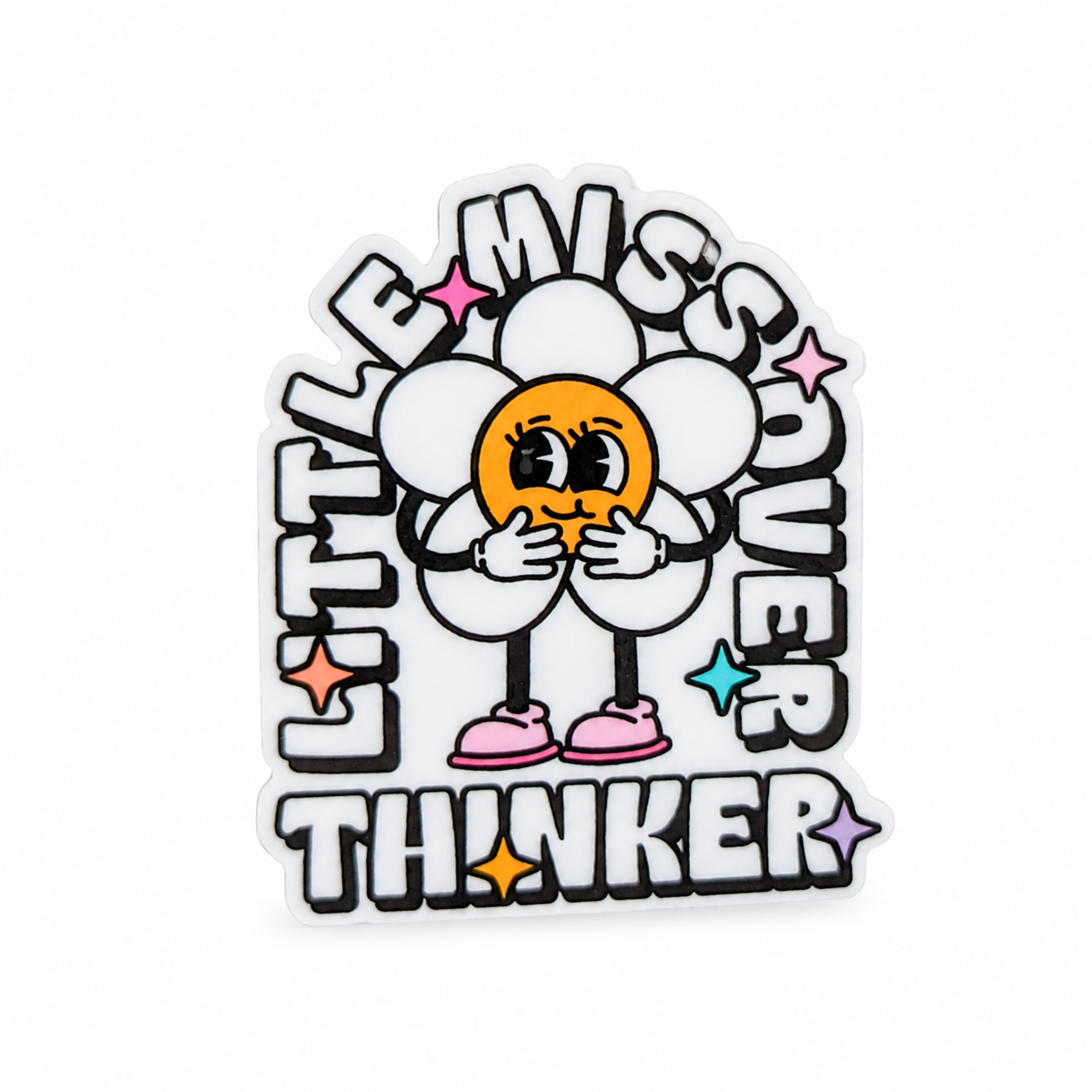 Little Miss Over Thinker plastic add-on featuring a smiling flower character with colorful stars, compatible with interchangeable badge reel bases for mental health support.