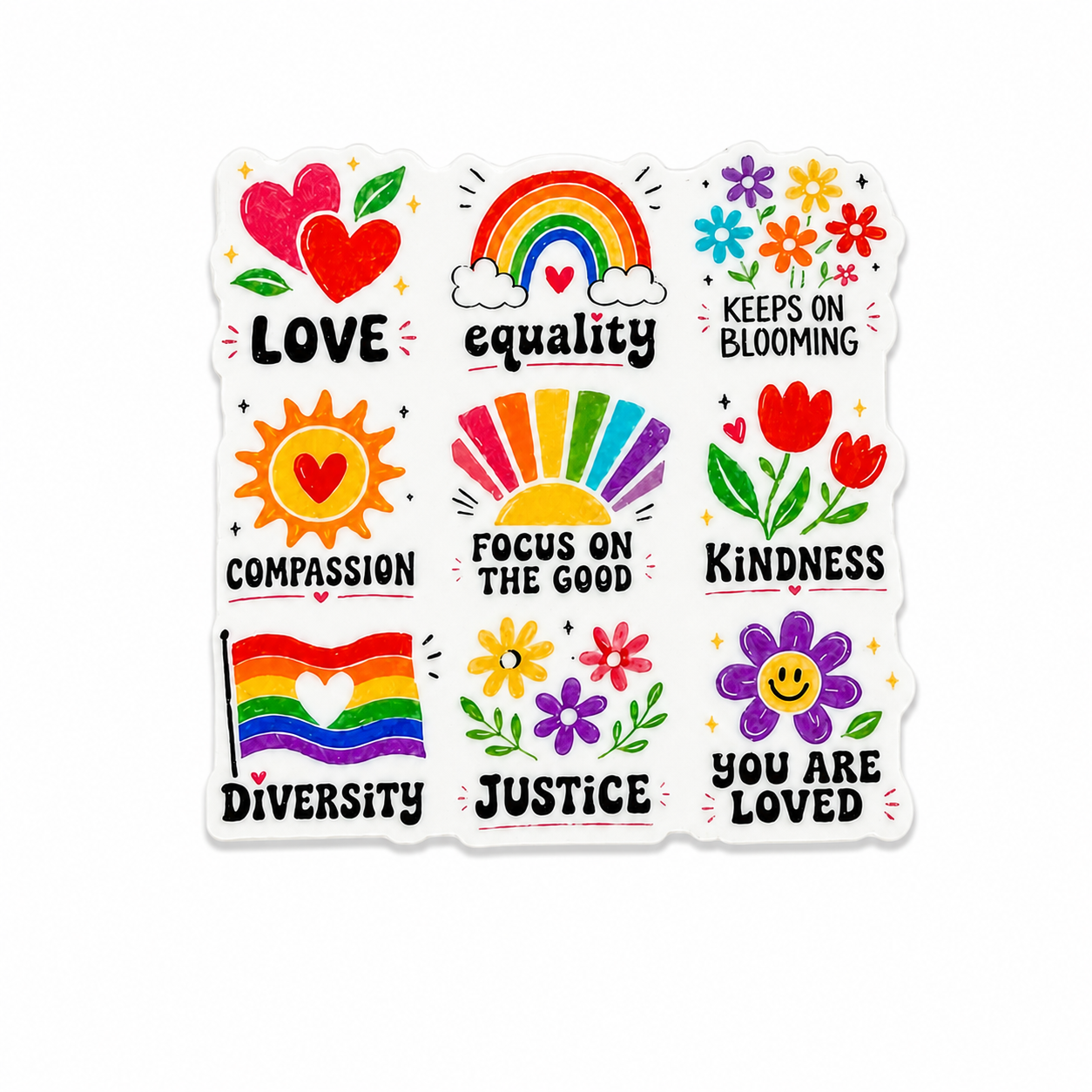 Plastic add-on featuring Love, Equality, Compassion, Focus On The Good, Kindness, Diversity, Justice, and You Are Loved with rainbow, flower, and heart designs, compatible with interchangeable badge reel bases