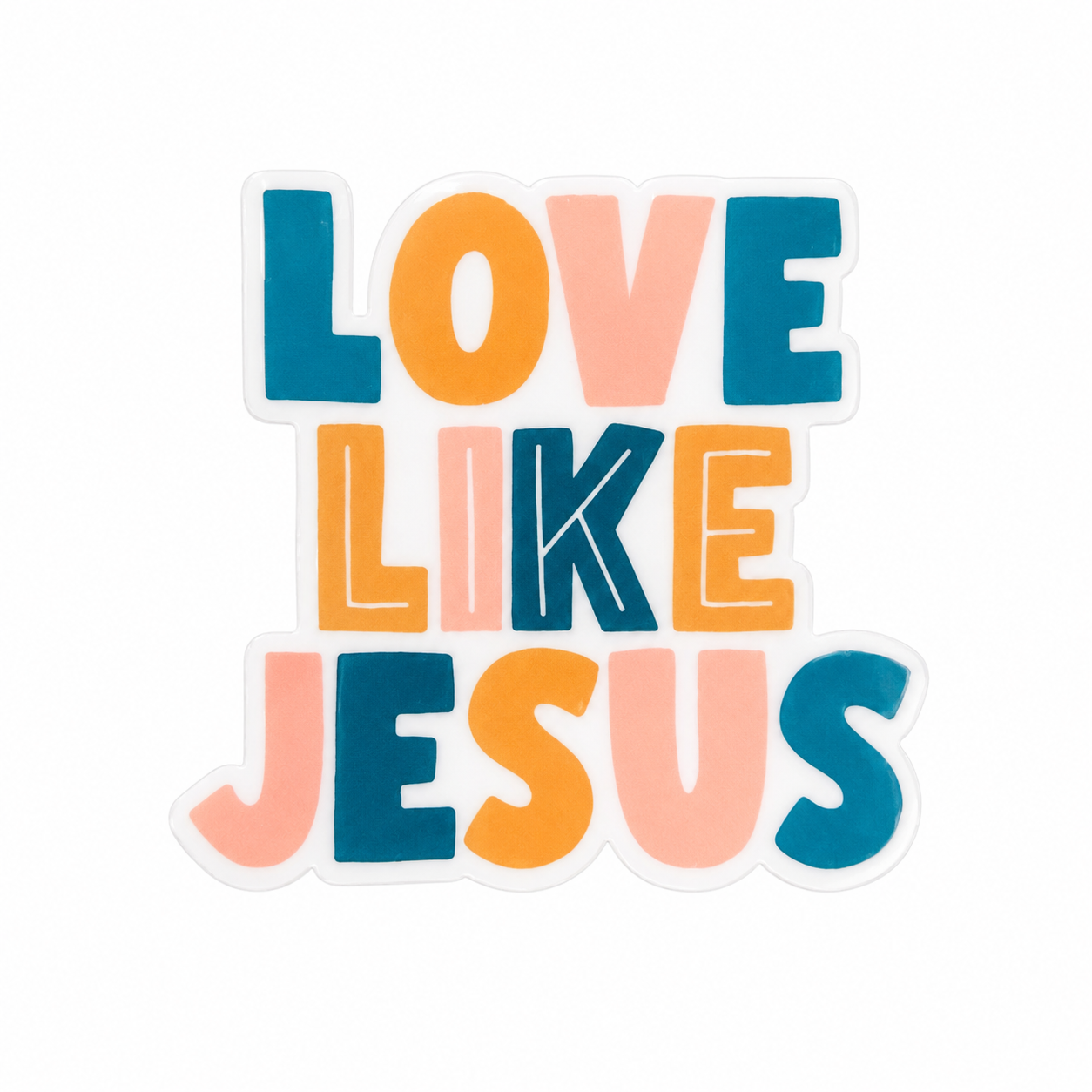 LOVE LIKE JESUS plastic add-on with colorful teal, peach, and orange lettering, compatible with interchangeable badge reel bases.