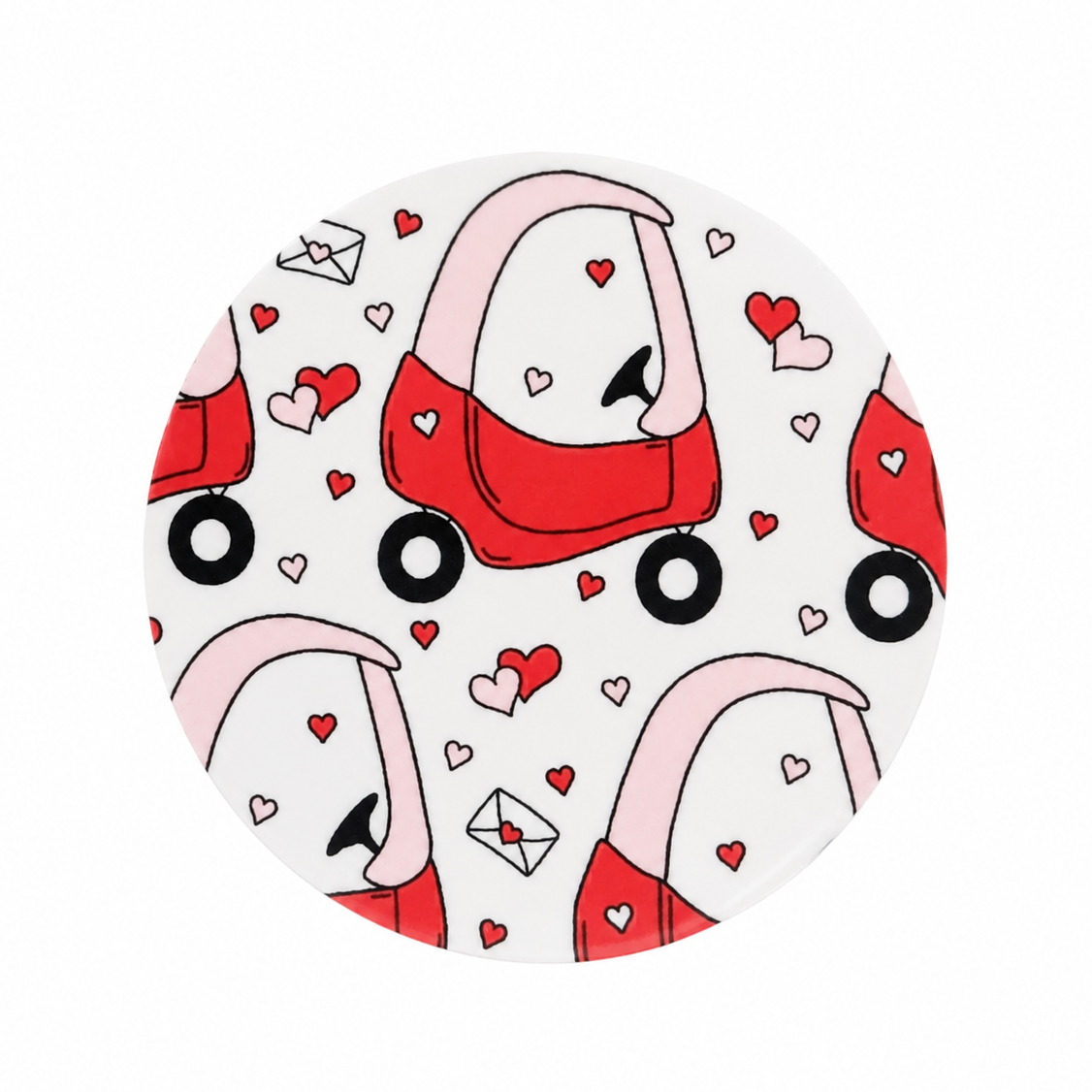 Love Ride Valentine's Day hard board add-on featuring cute red cars, hearts, and love letters, compatible with interchangeable badge reel bases.