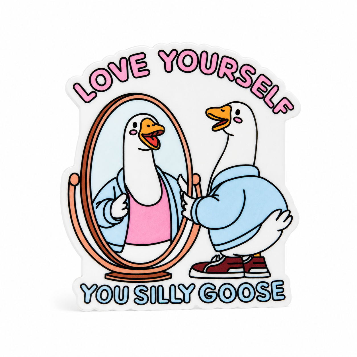 LOVE YOURSELF YOU SILLY GOOSE plastic add-on featuring a goose looking in a mirror, compatible with interchangeable badge reel bases, cute self love animal accessory
