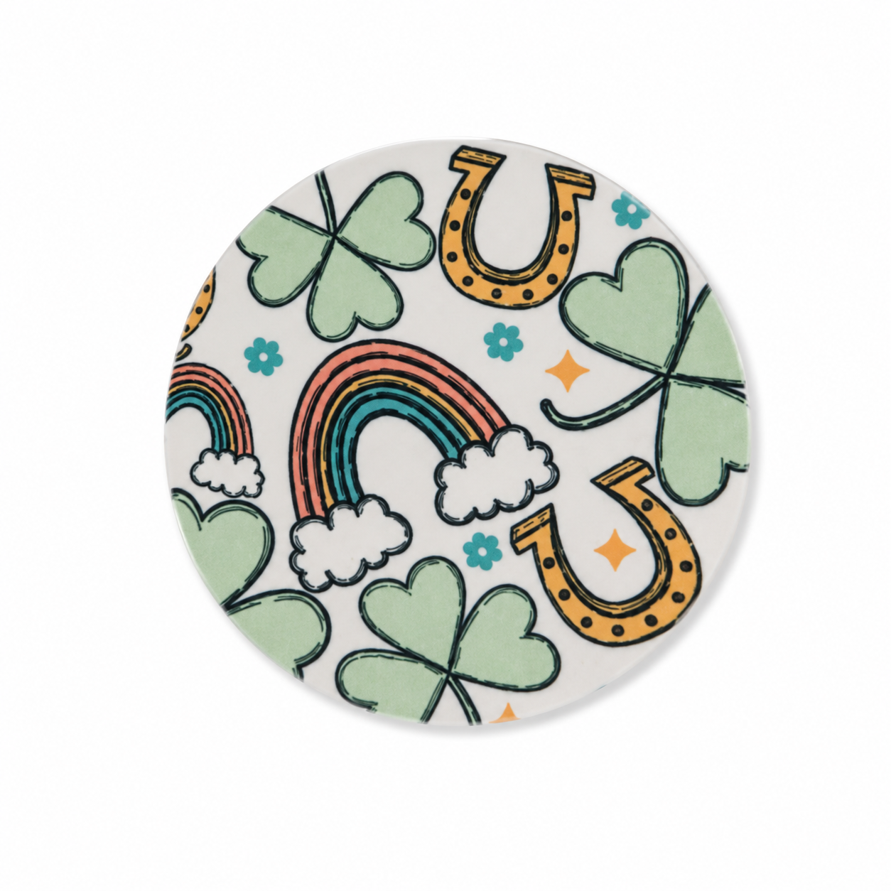 Lucky shamrock hard board add-on with four-leaf clovers, rainbows and golden horseshoes, compatible with interchangeable badge reel bases for St. Patrick’s Day.