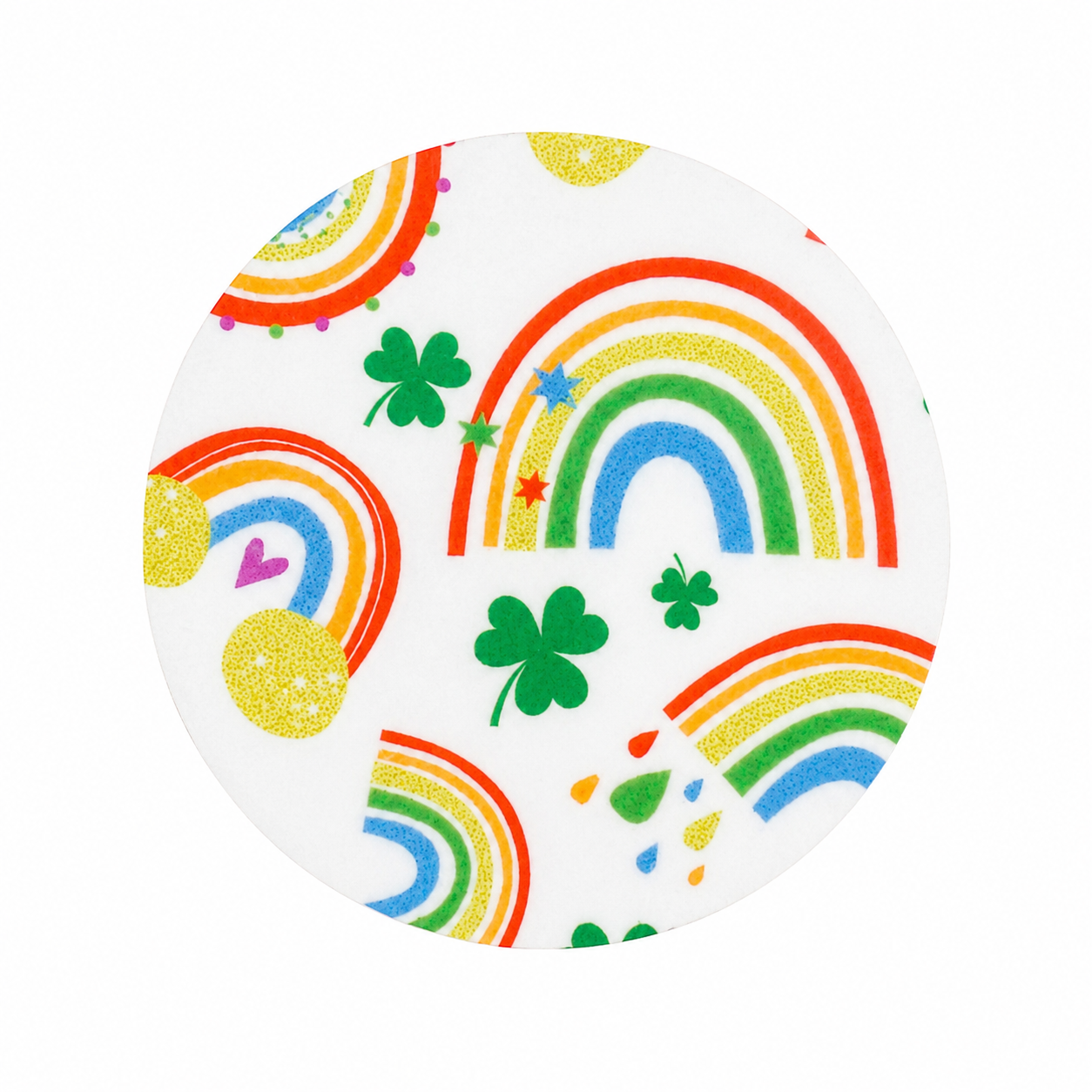 Lucky Charm Rainbow hard board add-on featuring colorful rainbows, shamrocks, stars, and sunshine accents, compatible with interchangeable badge reel bases.