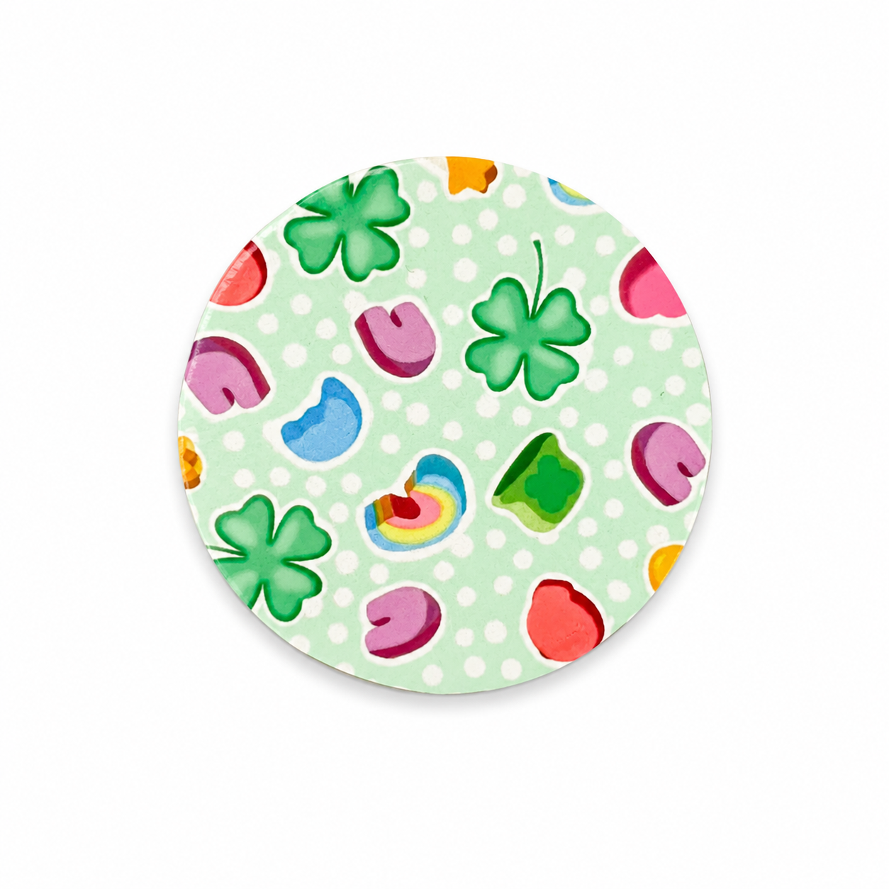 Lucky Clover Treats hard board add-on featuring green four-leaf clovers, rainbow candy, colorful treats, hearts, and mint polka dots, compatible with interchangeable badge reel bases.