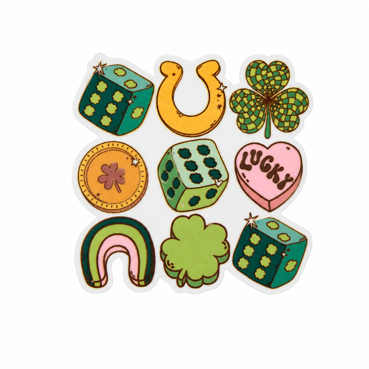 LUCKY St. Patrick’s Day plastic add-on with green dice, shamrocks, horseshoe, rainbow, coin, and heart, compatible with interchangeable badge reel bases.