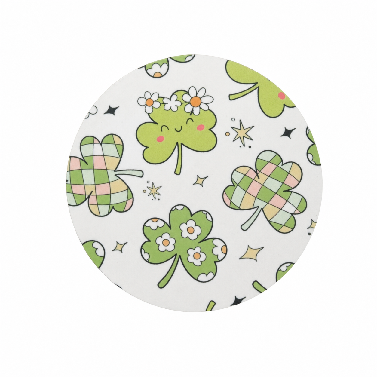 Lucky Floral Clovers hard board add-on featuring smiling shamrocks, pastel plaid clovers, daisies, and stars, compatible with interchangeable badge reel bases.